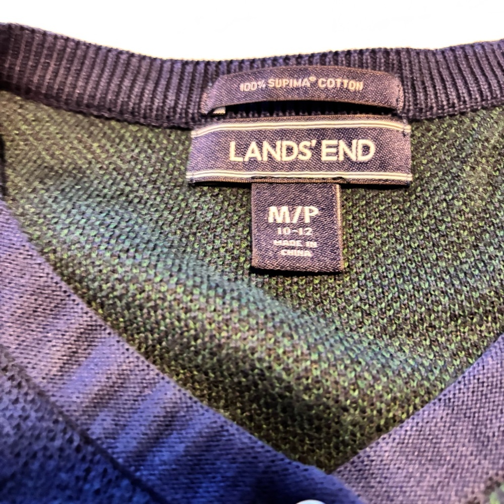 Lands' End Women’s Navy and Emerald Plaid Cardigan Size M